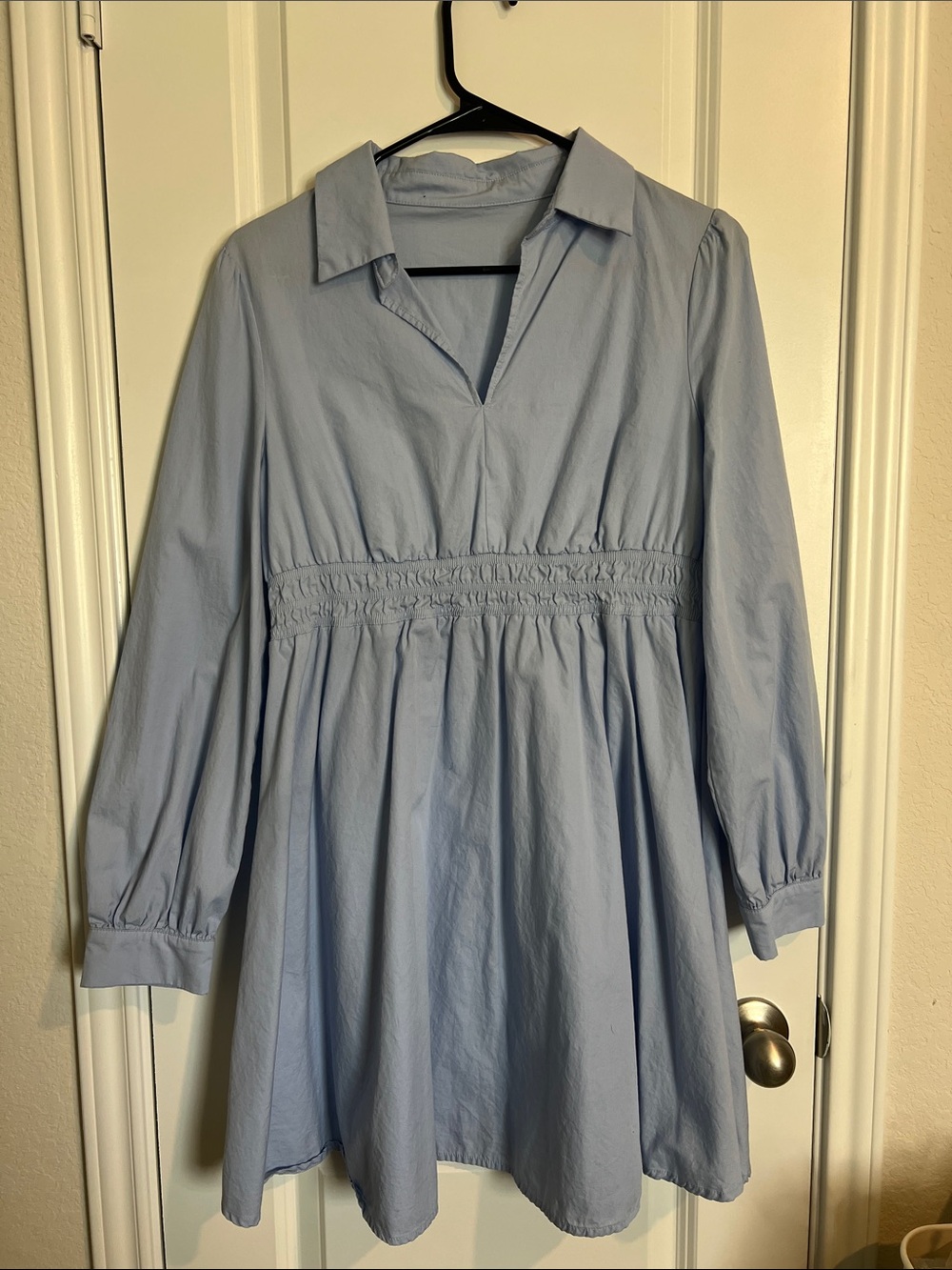 Light Blue Mini Dress with Collared V-Neck